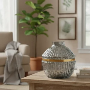 ZEYVE GOLD ŞERTLİ TOMBUL FÜME VAZO 18x18x18cm.*6