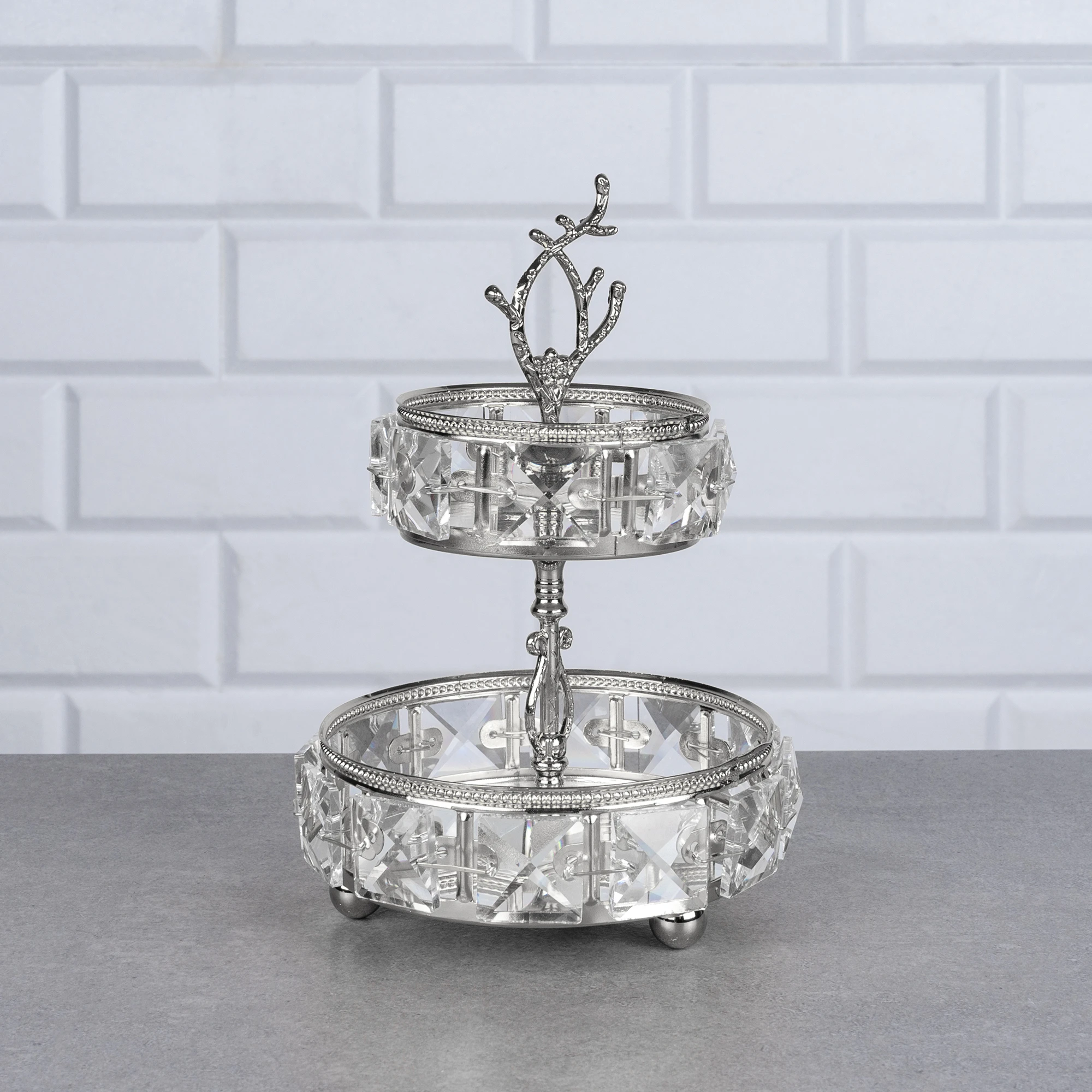 GÜMÜŞ MİNİ YUVARLAK 2KAT KRİSTAL SUNUM 12x12x17cm.