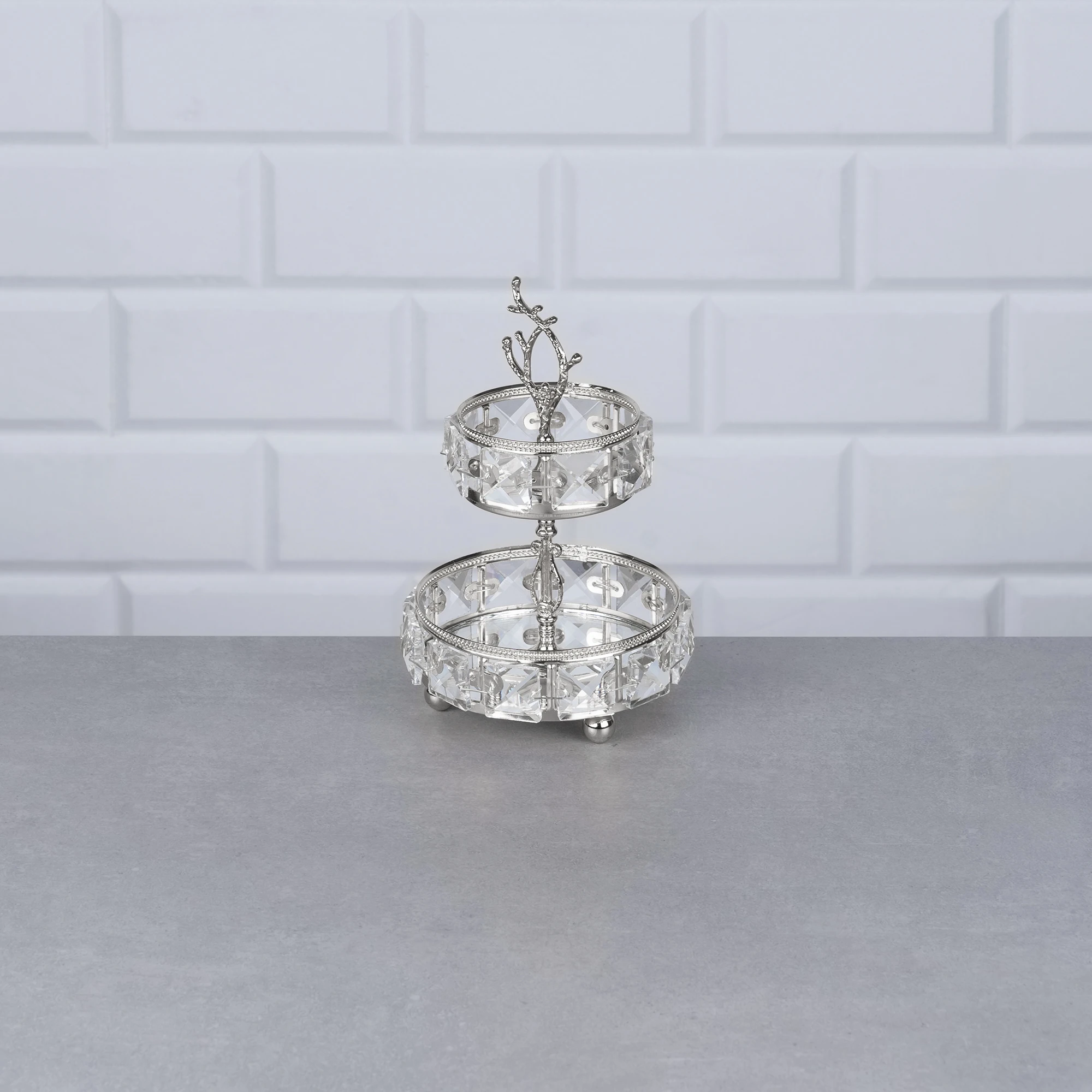 GÜMÜŞ MİNİ YUVARLAK 2KAT KRİSTAL SUNUM 12x12x17cm. - Görsel 2