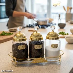 ALTIN ÜÇLÜ LÜKS YAPRAK BAHARAT SETİ 33x23x11cm