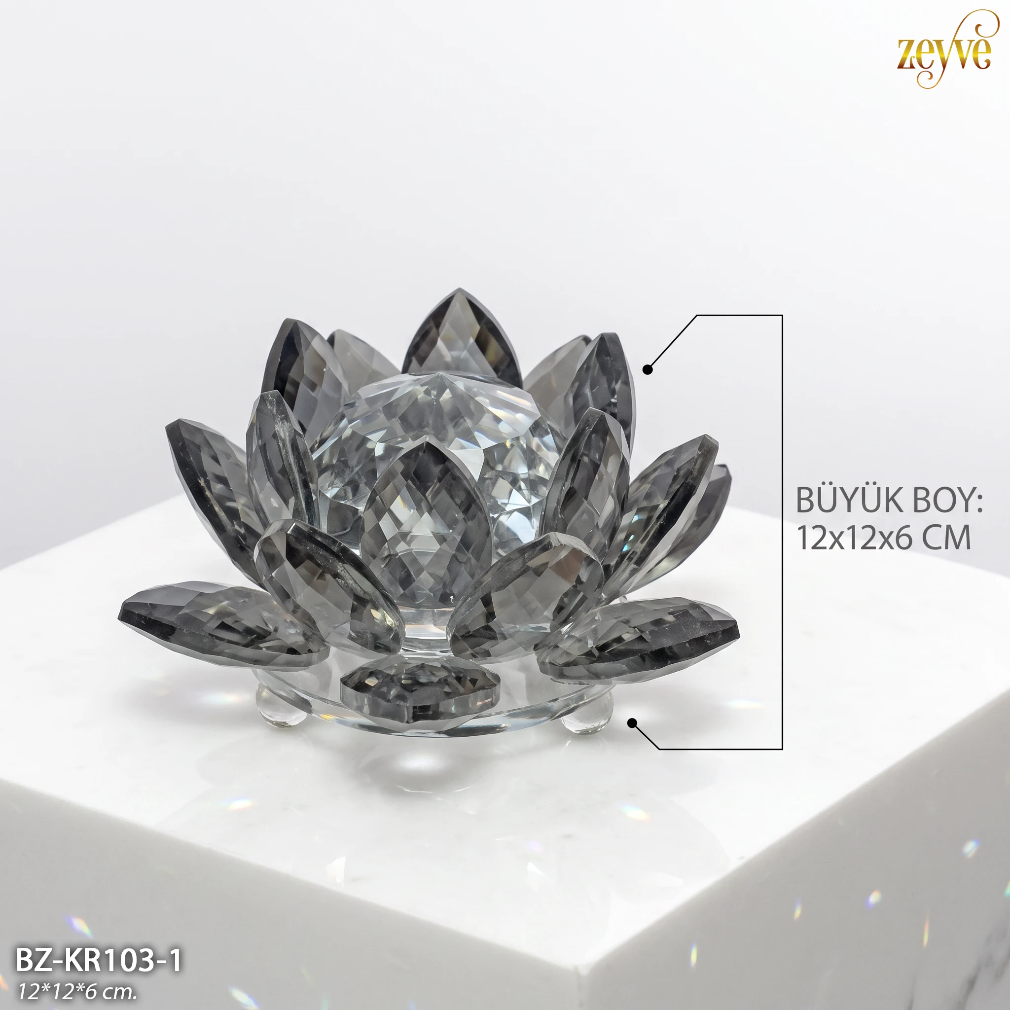 ZEYVE KRİSTAL LOTUS FÜME BÜYÜK 12x12x6cm.*48 - Görsel 2