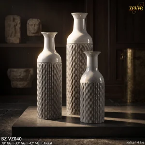 ZEYVE 3LÜ GRİ DALGA DESEN METAL VAZO 42/53/70cm *4